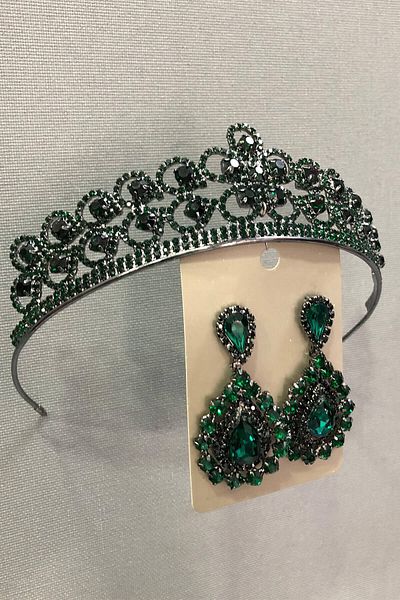 Hobigram Silver Color Bridal Tiara and Earring Set with Emerald Green Crystal Glass Stone for the Most Beautiful Brides – Crown – Crown