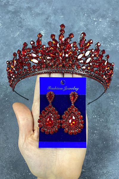 Hobigram Set de coroană de mireasă și cercei de seară cu piatră roșie Rio pentru cele mai frumoase mirese – coroană, piatră de cristal – coroană