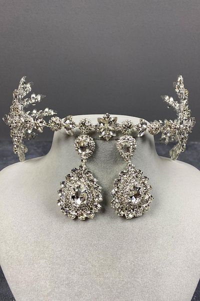 Hobigram Set de cercei cu coroană și navetă de mireasă Helenist argintiu pentru cele mai frumoase mirese – coroană, piatră de cristal, modă elegantă