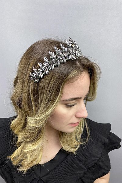 Hobigram Coroana de mireasa Henna model Subra gri antracit pentru cele mai frumoase mirese – Coroana, cu pietre de cristal, model elegant – Coroana –