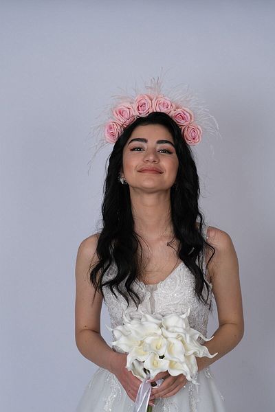 Hobigram Feathered Design Bridal Henna Crown with Velvet Roses for the Most Beautiful Brides – Crown, Crystal Stone, Stylish Model – Crown
