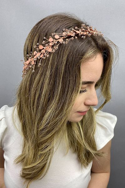 Hobigram Accesoriu de păr cu ramură de primăvară emailată de culoare trandafir pentru cele mai frumoase mirese – coroană, piatră de cristal, model elegant – coroană