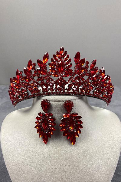 Hobigram Set Coroană și Cercei de Mireasă Henna cu Piatra Danver Roșie pentru Cele mai Frumoase Mirese – Coroană, Piatra de Cristal – Coroană –