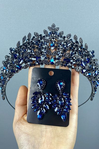 Hobigram Navy Blue Oscar Bridal Henna Crown and Earring Set with Shuttle for the Most Beautiful Brides – Crown, Crystal Stone – Crown