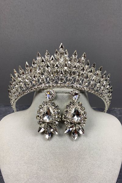 Hobigram Set de cercei cu coroană de mireasă tridimensională și rochie de seară cu picătură de argint pentru cele mai frumoase mirese – Coroană, cu piatră de cristal – Coroană –
