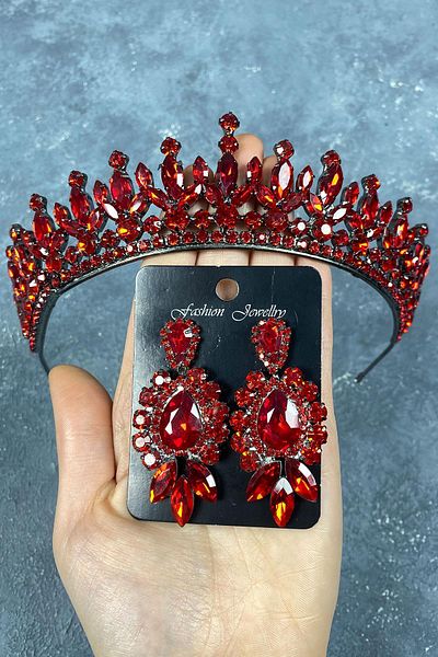 Hobigram Set de coroană și cercei de mireasă Henna cu piatră Pedro roșie pentru cele mai frumoase mirese – coroană, piatră de cristal, model elegant