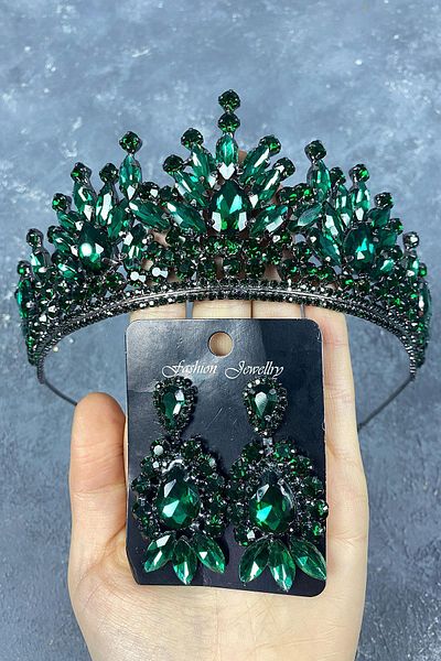 Hobigram Coroană de henna de mireasă verde Pera și cercei cu pietre pentru cele mai frumoase mirese – Coroană, piatră de cristal, model elegant –