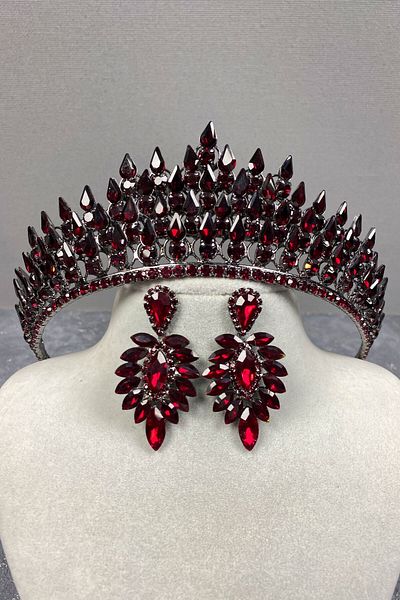 Hobigram Set de coroană și cercei cu henna de mireasă tridimensională cu picătură de burgundă pentru cele mai frumoase mirese – coroană, piatră de cristal