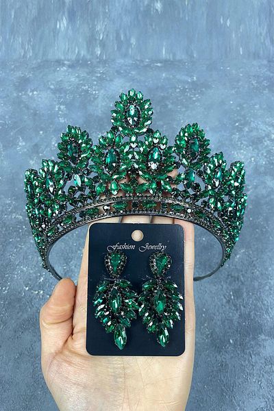 Hobigram Cele mai frumoase mirese Green Godiva High Bridal Henna Crown și Cercei de seară cu piatră de navetă Set – Coroană – Tiara