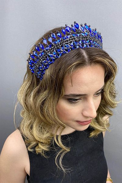 Hobigram Coroana de mireasa Henna model Sultan albastru pentru cele mai frumoase mirese – Coroana, cu piatra de cristal, model elegant, coroana de mireasa –