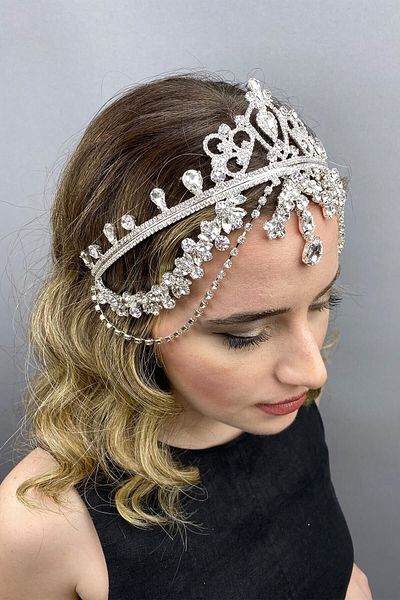 Hobigram Coroana de henna de culoare argintie pentru cele mai frumoase mirese – Coroana, cu piatra de cristal, model elegant, coroana de mireasa –