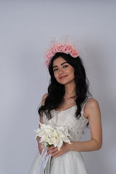 Hobigram Feathered Design Bridal Henna Crown with Velvet Roses for the Most Beautiful Brides – Crown, Crystal Stone, Stylish Model – Crown