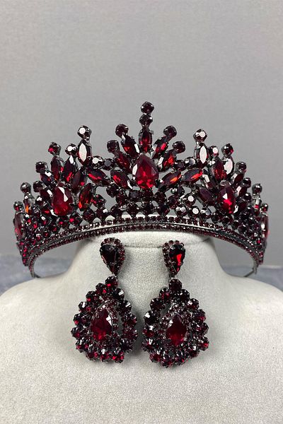 Hobigram Coroană de mireasă Pera Burgundy și cercei de seară cu picătură pentru cele mai frumoase mirese – Coroană, piatră de cristal, model elegant –