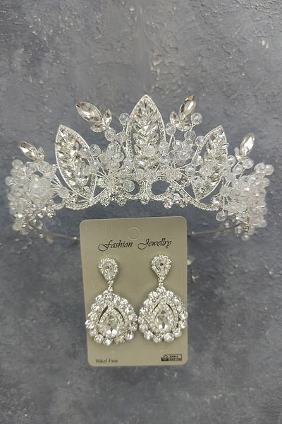 Hobigram Jabbah Model Coroana de mireasa si Cercei cu Pietre pentru Cele mai Frumoase Mirese – Coroana, Pietre de Cristal, Model Elegant – Ta
