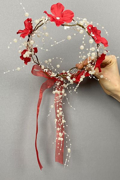 Hobigram Coroană de mireasă personalizată cu flori de hortensie roșie pentru cele mai frumoase mirese – Coroană, cu pietre de cristal, model elegant – T