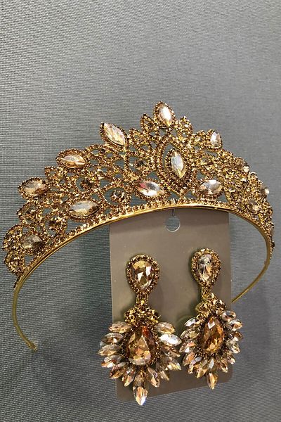 Hobigram Set coroană și cercei de mireasă din piatră de sticlă de cristal de culoare aurie pentru cele mai frumoase mirese – coroană, piatră de cristal – T