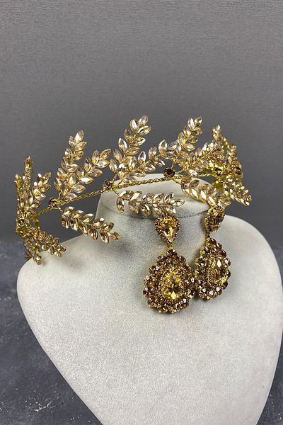 Hobigram Accesoriu de păr de mireasă cu ramuri de frunze de dilana de miere și set de cercei cu navetă pentru cele mai frumoase mirese – coroană – tiara