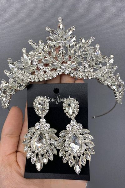 Hobigram Coroană și cercei de mireasă Berlin de culoare argintie pentru cele mai frumoase mirese – Coroană, piatră de cristal, model elegant – Coroană – T