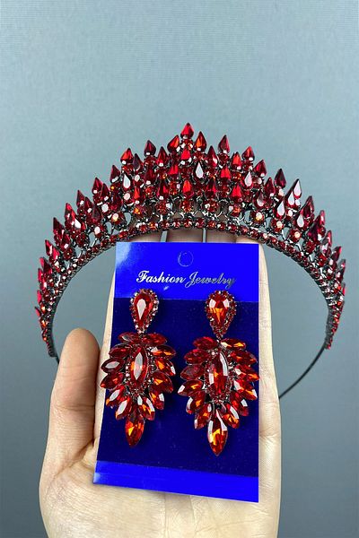 Hobigram Red Drop 3D Bridal Henna Crown și set de cercei cu pietre pentru cele mai frumoase mirese – coroană, cu pietre de cristal