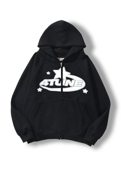 Planet Butik 4 Tune Printed Oversize Zippered Black Unisex Hooded Cardigan