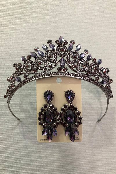 Hobigram Set Coroană și Cercei Plum Henna pentru Cele mai Frumoase Mirese – Coroană, Piatră de Cristal, Model Elegant, Coroană de Mireasă – Ta