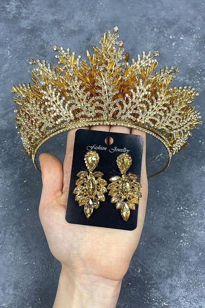 Hobigram Honey Color Nairobi Bead Embroidered Bridal Henna Tiara and Stone Earring Set for the Most Beautiful Brides – Crown – Crown