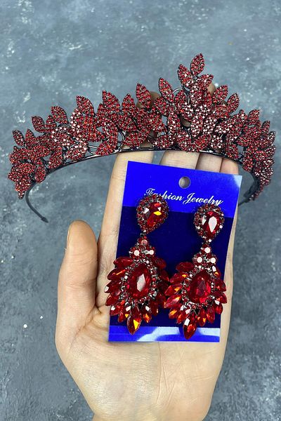 Hobigram Red Sara Sık Stone Bridal Henna Crown și cercei cu navetă pentru cele mai frumoase mirese – Coroană, Crystal Stone –