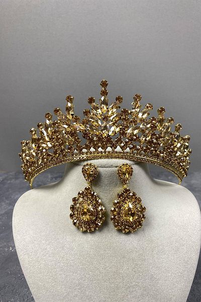 Hobigram Set de coroană și cercei de seară pentru mireasa de culoarea miere Rio Stone Henna pentru cele mai frumoase mirese – Coroană, Crystal Stone – Ta