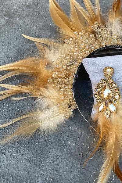 Hobigram Coroană și cercei de mireasă cu mărgele de cristal cu pene de cocoș de miere pentru cele mai frumoase mirese – Coroană – Tiara