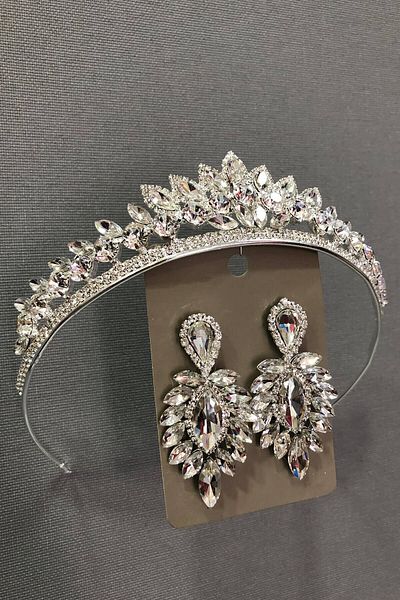 Hobigram Set de coroană și cercei de mireasă din argint sterling cu piatră de sticlă de cristal de culoare argintie pentru cele mai frumoase mirese – Coroană – Tiara