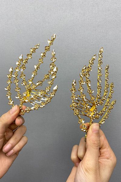 Hobigram Accesoriu de păr cu model de frunze pe două fețe de culoarea mierei Coroana Henna pentru cele mai frumoase mirese – Coroana – Tiara
