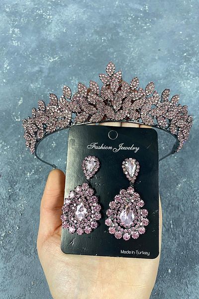 Hobigram Pink Sara Frequent Stone Bridal Henna Crown și cercei cu pietre pentru cele mai frumoase mirese – Coroană, Crystal Stone