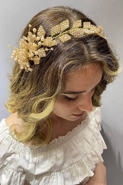 Hobigram Honey Color Leaf Model Beaded Hair and Turban Accessory for the Most Beautiful Brides – Crown, Crystal Stone – t