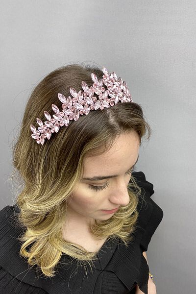 Hobigram Coroana de mireasa Henna model Subra roz pentru cele mai frumoase mirese – Coroana, cu pietre de cristal, model elegant, coroana de mireasa –