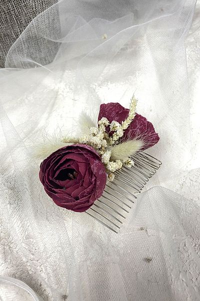 Hobigram Accesoriu pentru cleme de păr cu cipso și flori artificiale din bumbac bordeaux pentru cele mai frumoase mirese – coroană – tiara