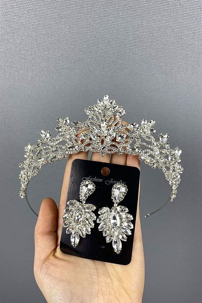 Hobigram Coroană de mireasă Melis din argint sterling și cercei cu pietre pentru cele mai frumoase mirese – coroană, piatră de cristal, modă elegantă
