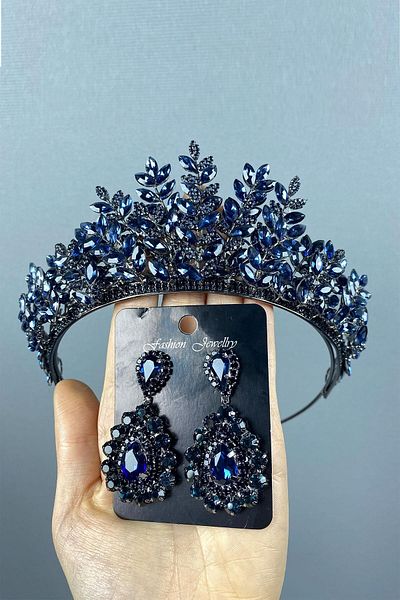 Hobigram Navy Blue Ezel 3D Bridal Henna Crown and Drop Stone Earring Set for the Most Beautiful Brides – Crown – Crown