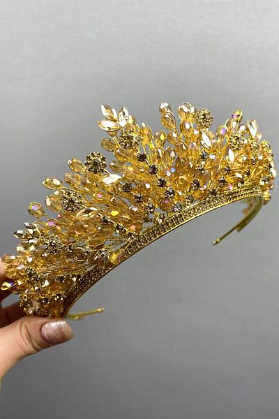 Hobigram Honey Color Akbahar Beaded Bridal Henna Tiara for the Most Beautiful Brides – Crown, Crystal Stone, Stylish Model – Crown