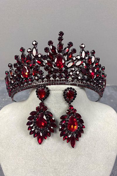 Hobigram Set Coroana de Mireasa Henna Pera Burgundy si Cercei Shuttle pentru Cele mai Frumoase Mirese – Coroana, Piatra de Cristal, Model Elegant –