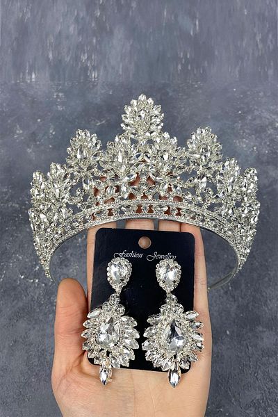 Hobigram Godiva din argint sterling, coroană de mireasă înaltă și cercei de seară cu navetă pentru cele mai frumoase mirese – coroană, piatră de cristal – coroană