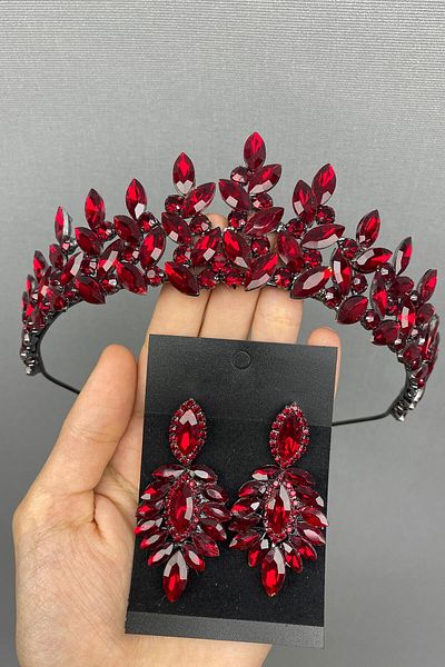 Hobigram Coroana și cercei de mireasă Henna model Subra Burgundy pentru cele mai frumoase mirese – Coroană, piatră de cristal, model elegant – Ta