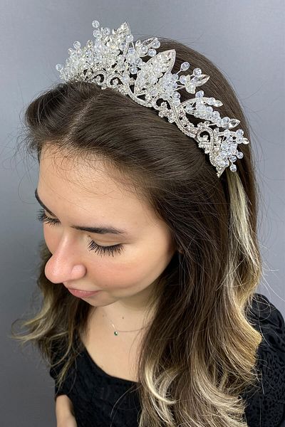 Hobigram Tiara de mireasa Jabbah cu cristal transparent pentru cele mai frumoase mirese – Coroana, cu piatra de cristal, model elegant, tiara de mireasa –