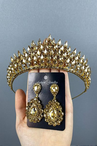 Hobigram Set de coroană și cercei cu picătură de miere pentru cea mai frumoasă mireasă 3D Henna – Coroană – Tiara