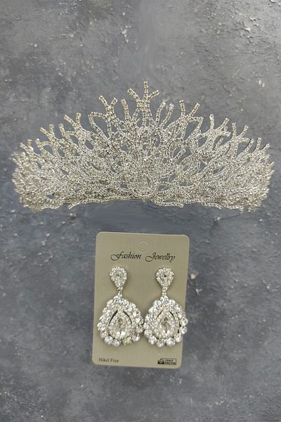 Hobigram Canis Model Tiara وحلق مرصع بالجواهر للعروس الأكثر جمالاً - تاج، حجر كريستال، موديل أنيق - تاج