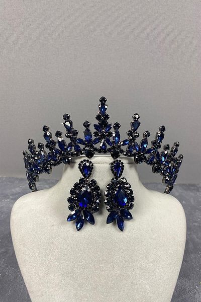 Hobigram Cea mai frumoasa mireasa cu coroana de henna si cercei cu navetă pentru mireasa bleumarin