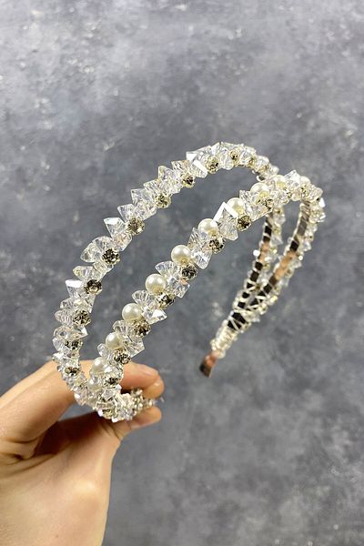 Hobigram Accesoriu de păr cu două rânduri de cristal și perle pentru cea mai frumoasă mireasă Tiara de mireasă – Coroană, cu pietre de cristal – T