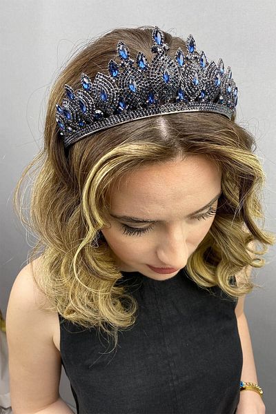 Hobigram Cea mai frumoasa mireasa Navy Blue Hera Model Bridal Henna Crown – Coroana, Crystal Stone, Model elegant, Tiara de mireasa