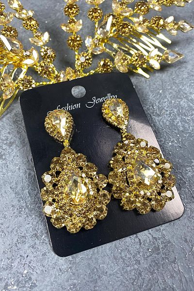 Hobigram Honey Color Double Sided Helenist Bridal Hair Accessory and Stone Earrings – Crown, Crystal Stone, Stylish Model –