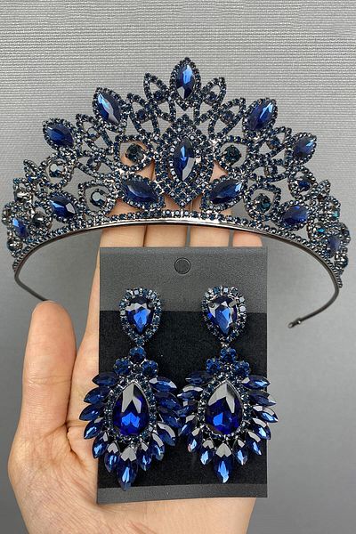 Hobigram Tiară și cercei Henna de mireasă bleumarin pentru cele mai frumoase mirese – Coroană, piatră de cristal, model elegant, coroană de mireasă – Ta