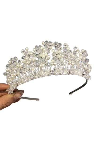 Hobigram Coroana de mireasa cu cristale transparente cu perle crem pentru cei mai frumoși mirese – Coroana, cu pietre de cristal, model elegant – Coroana –